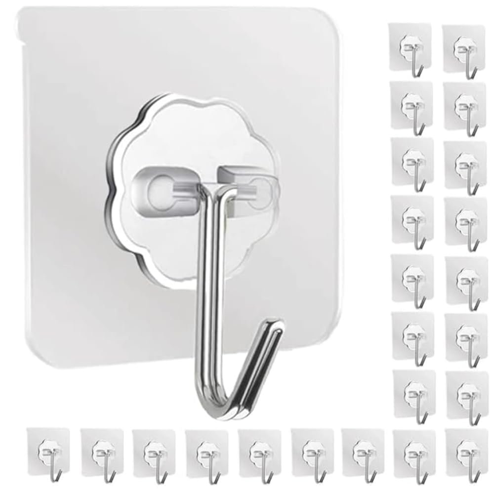 Bathroom and Home Wall Hooks, 10 Pack, Stainless Steel, Assorted Rooms, Stainless Hooks Reusable Utility, Clear Plastic Wall Hooks, Kitchen and Bathroom Accessory Set (Wall Hooks, 10)