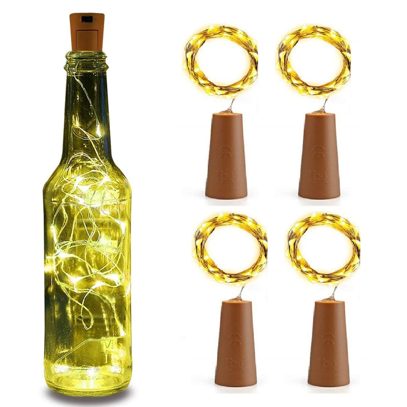 20 LED Wine Bottle Cork Lights, Copper Wire String Lights, 2 Meter Battery Operated Fairy Lights, Bottle DIY, Christmas, Wedding Party (Warm White, Pack of 4)